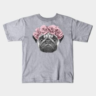 Rosie the pug with roses Kids T-Shirt